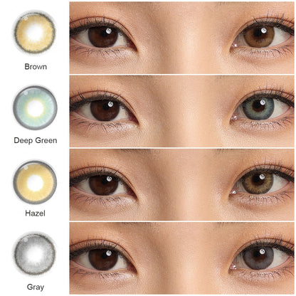 A display of Mystery colored contact lenses in Brown, Deep Green, Hazel and Gray, each shown both as a lens swatch and wearing comparison in a close-up of a model's eye , with the color names labeled.