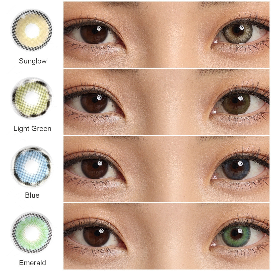 A display of Mystery colored contact lenses in Sunglow, Light Green, Blue and Emerald, each shown both as a lens swatch and wearing comparison in a close-up of a model's eye , with the color names labeled.