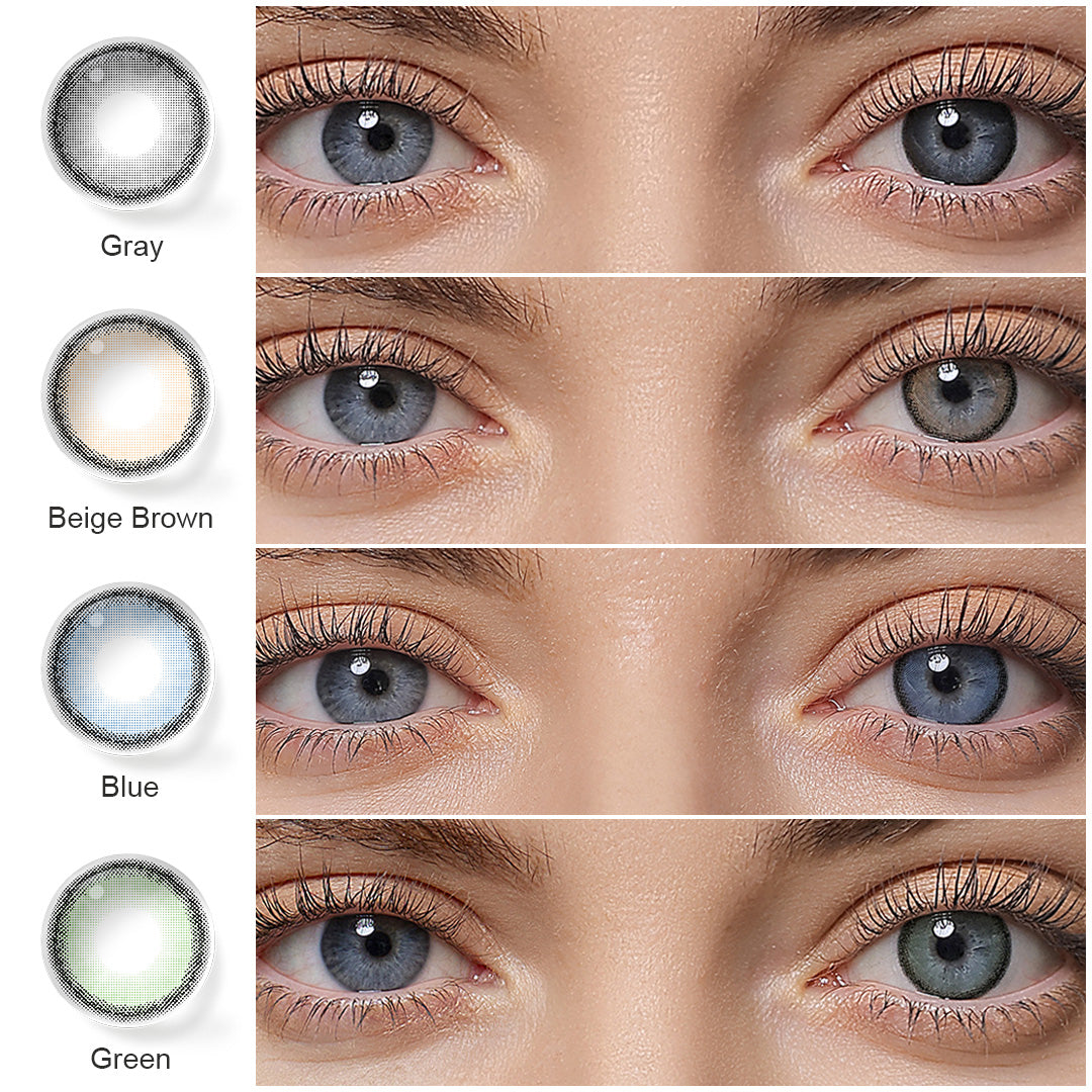 A display of Roze Airy colored contact lenses in Gray, Beige Brown, Blue and Green, each shown both as a lens swatch and wearing comparison in a close-up of a model's eye , with the color names labeled beneath each image.