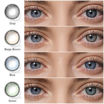 A display of Roze Airy colored contact lenses in Gray, Beige Brown, Blue and Green, each shown both as a lens swatch and wearing comparison in a close-up of a model's eye , with the color names labeled beneath each image.