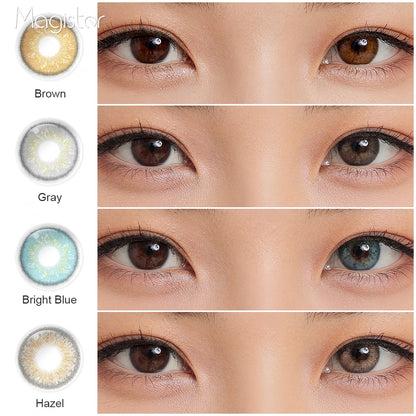 A display of Delight colored contacts in Brown, Gray, Bright Blue, Hazel, each shown both as a lens swatch and wearing comparison in a close-up of a model's eye , with the color names labeled beneath each image.