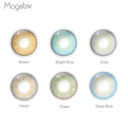 Grid layout of Delight colored contacts in various shades with each lens' color name: Brown, Bright Blue, Gray, Hazel, Green, Deep Blue, on a soft gradient background.