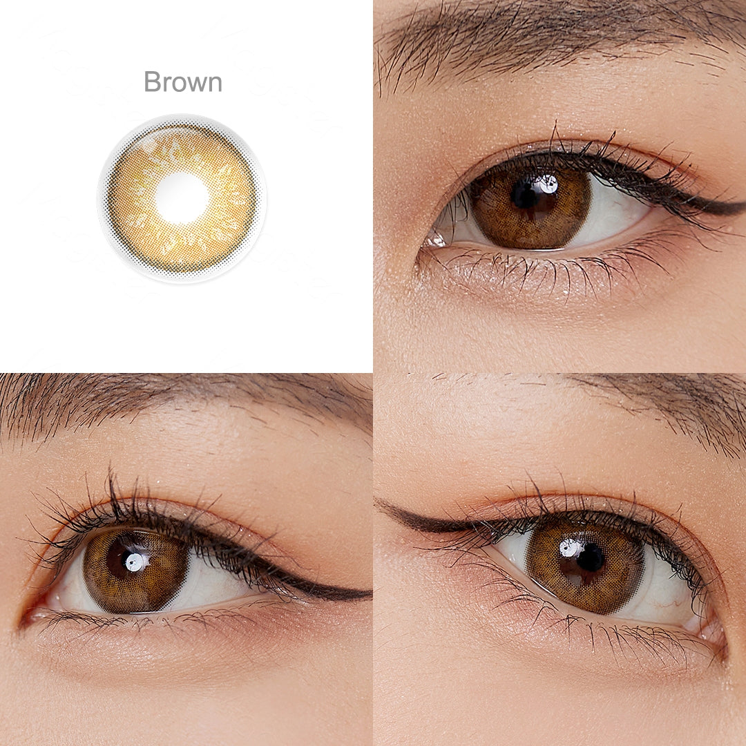Showcase of one Delight eye contact lens  in natural eye settings, labeled Brown, demonstrating the transformative effect from 3 sides on the wearer's eye color.