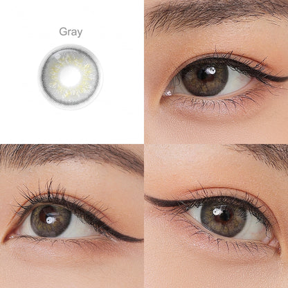 Showcase of one Delight eye contact lens  in natural eye settings, labeled Gray, demonstrating the transformative effect from 3 sides on the wearer's eye color.