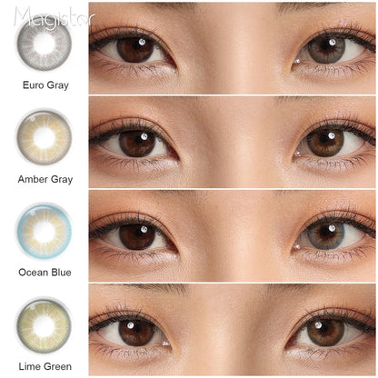 A display of Desire II contact lenses in Amber Gray, Lime Green, Ocean Blue, Euro Gray, each shown both as a lens swatch and wearing comparison in a close-up of a model's eye , with the color names labeled beneath each image.