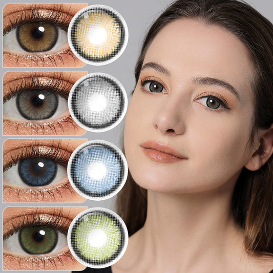 A young lady showcasing Diamond N colored contact lenses, with close-up insets highlighting the natural and enhanced eye colors available.