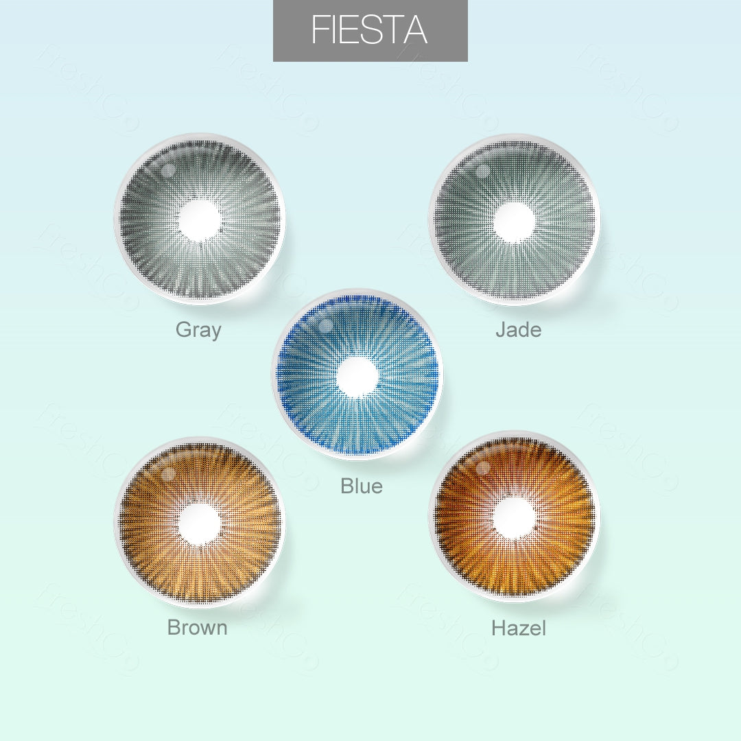 Grid layout of Fiesta colored contact lenses in various shades with each lens' color name: Gray, Blue, Jade, Brown, Hazel, on a soft gradient background.