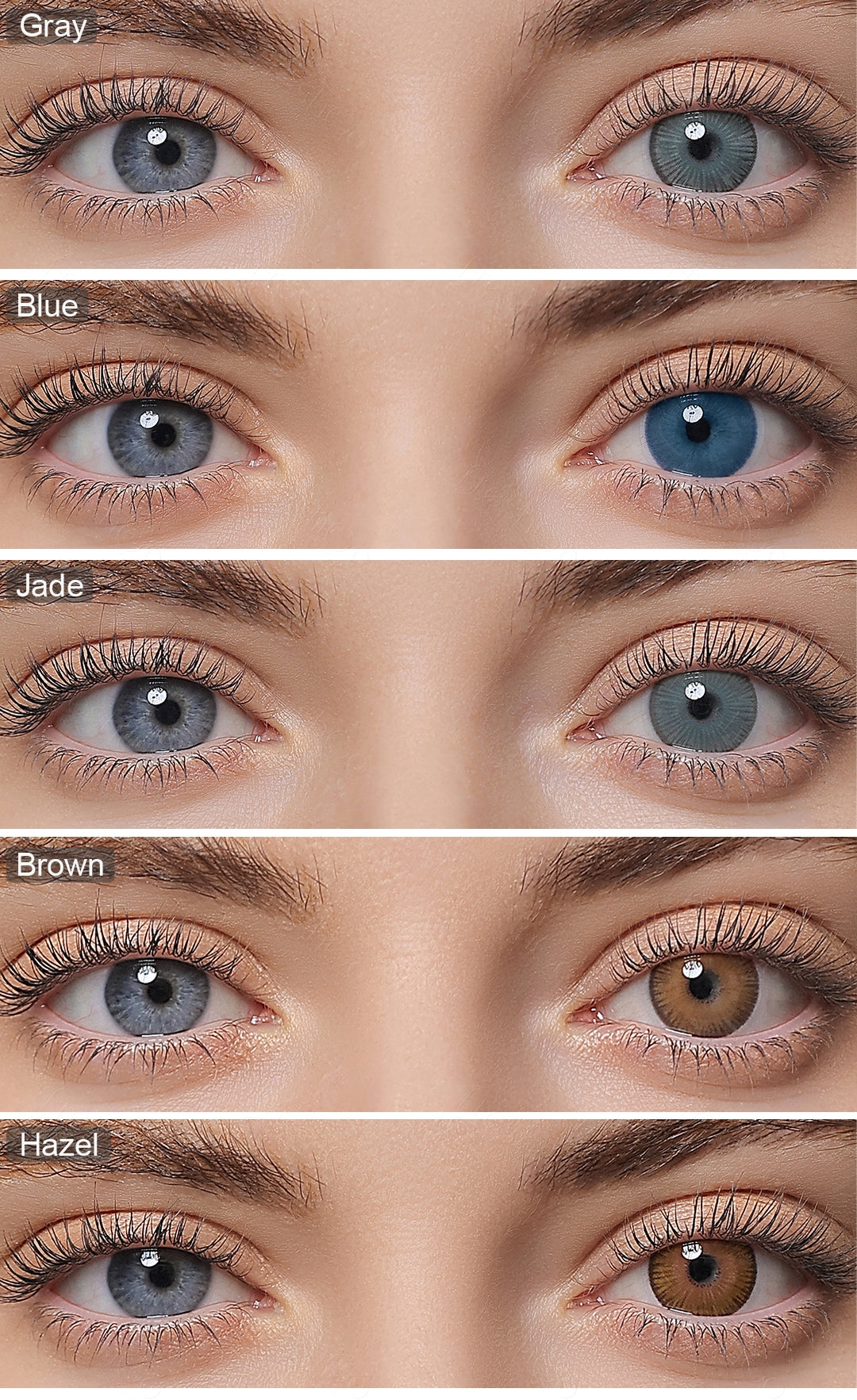 Grid display of 5 shades of Fiesta colored contacts, showing a variety of shades including Gray, Blue, Jade, Brown, Hazel, each paired with a close-up before and after comparison view of the lens pattern and the effecton a dark-eyed model.