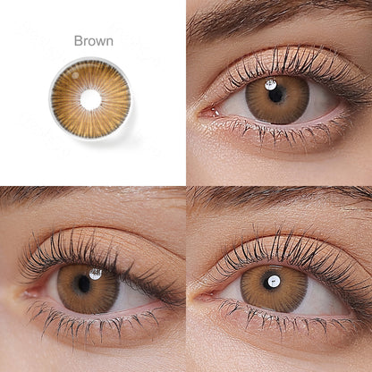 Showcase of one Fiesta colored contact lenses in natural eye settings, labeled Brown, demonstrating the transformative effect from 3 sides on the wearer's eye color.