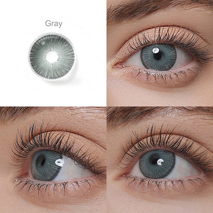 Showcase of one Fiesta colored contact lenses in natural eye settings, labeled Gray, demonstrating the transformative effect from 3 sides on the wearer's eye color.