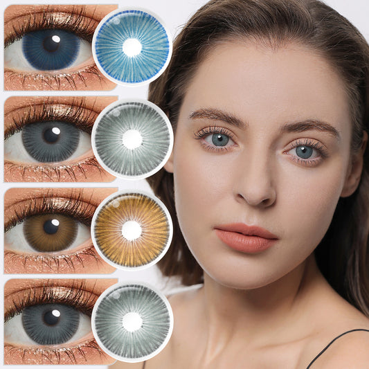 A young lady showcasing Fiesta  colored contact lenses, with close-up insets highlighting the natural and enhanced eye colors available.