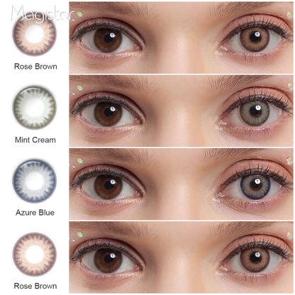 A display of Flora colored contacts in Rose Brown, Mint Cream, Azure Blue, each shown both as a lens swatch and wearing comparison in a close-up of a model's eye , with the color names labeled beneath each image.