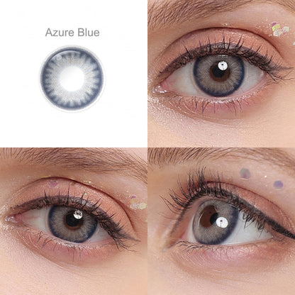 Showcase of one Flora contact lenses in natural eye settings, labeled Azure Blue, demonstrating the transformative effect from 3 sides on the wearer's eye color.