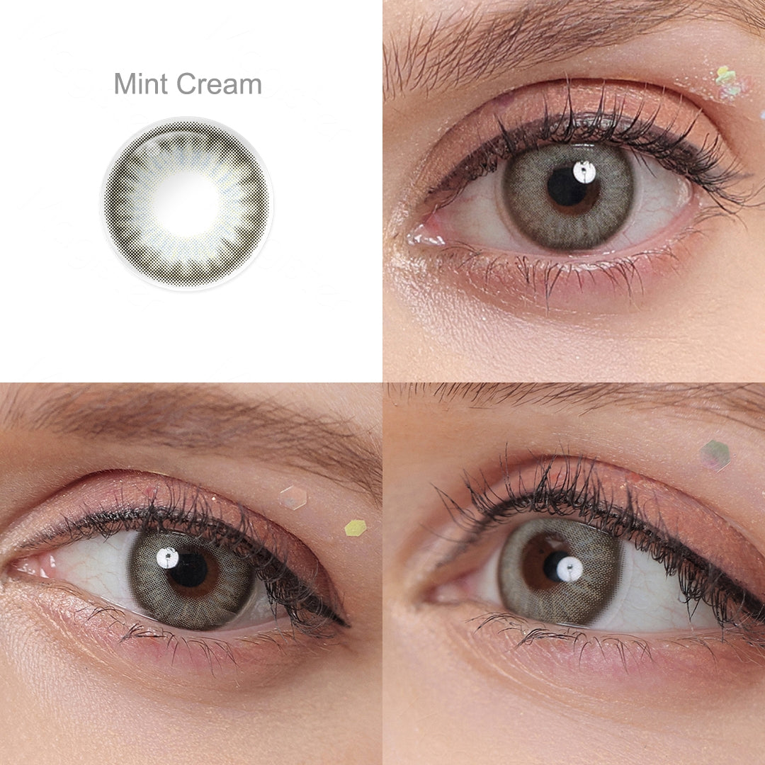 Showcase of one Flora contact lenses in natural eye settings, labeled Mint Cream, demonstrating the transformative effect from 3 sides on the wearer's eye color.