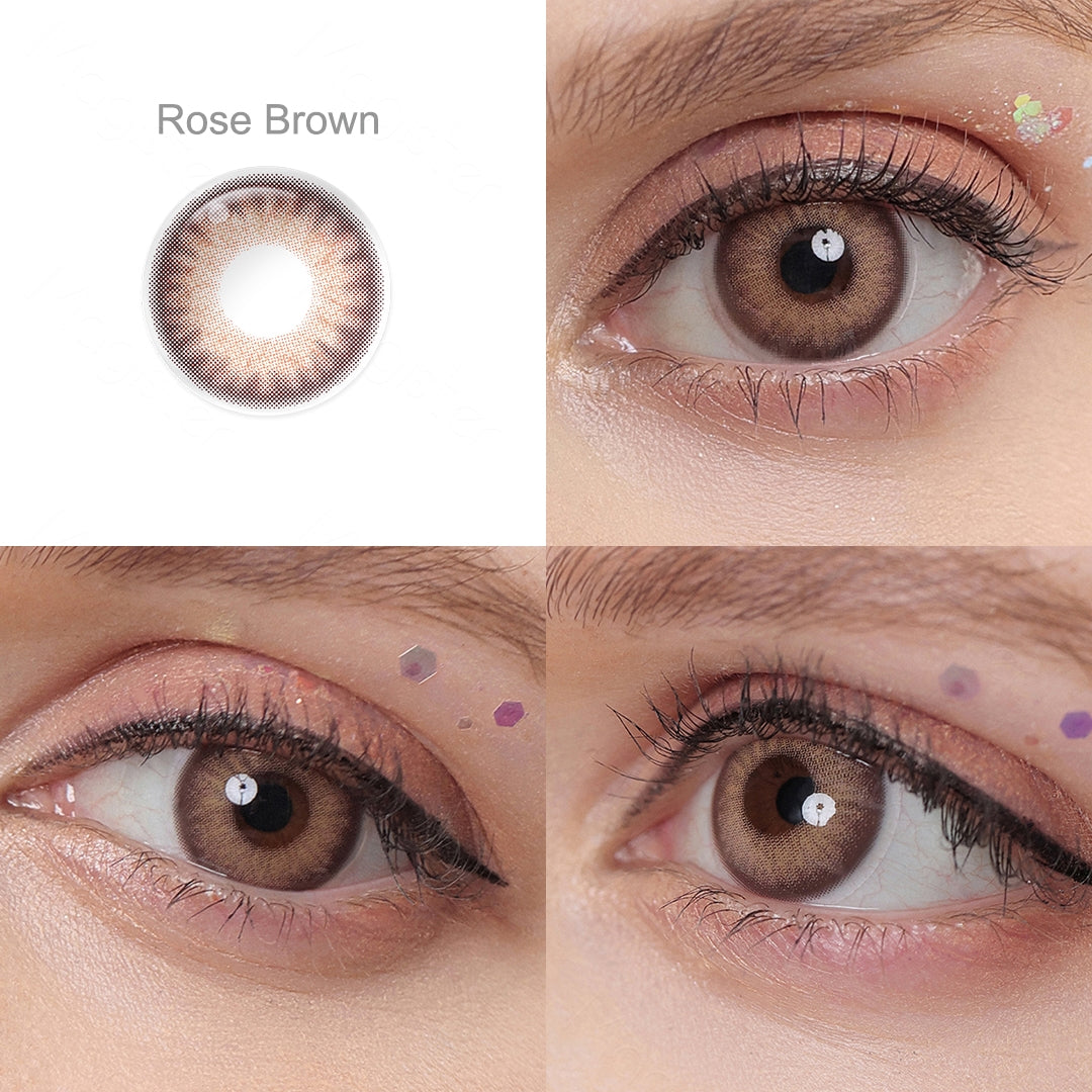 Showcase of one Flora contact lenses in natural eye settings, labeled Rose Brown, demonstrating the transformative effect from 3 sides on the wearer's eye color.