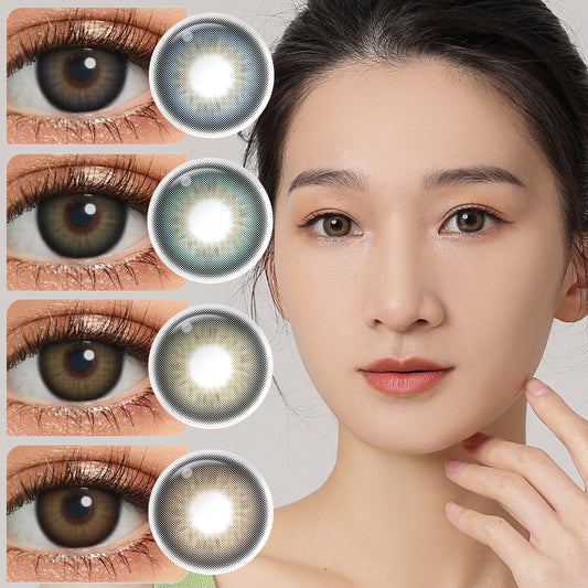 A young lady showcasing Folga series colored contact lenses, with close-up insets highlighting the natural and enhanced eye colors available 