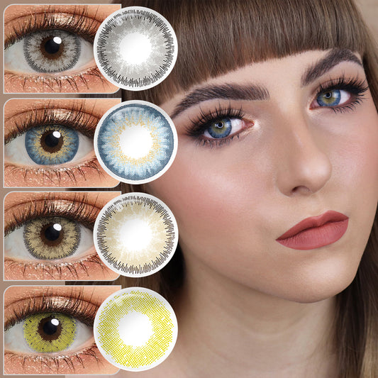 A young lady showcasing GLOW series colored contact lenses, with close-up insets highlighting the natural and enhanced eye colors available 