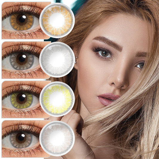A young lady showcasing Glass ball colored contact lenses, with close-up insets highlighting the natural and enhanced eye colors available.