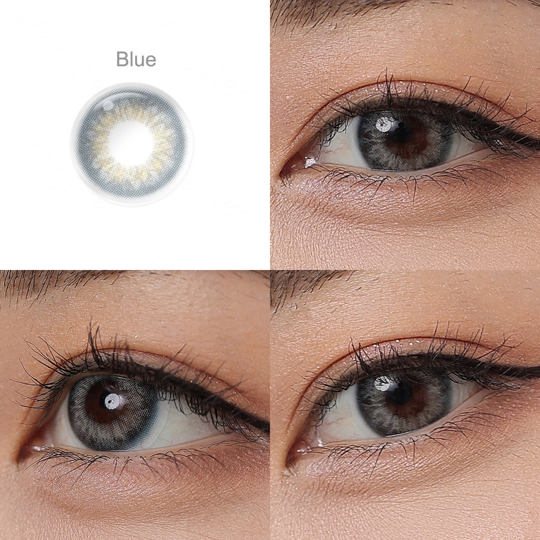 Grid display of 1 shade of Gleam colored contact lenses, labeled Blue, with a close-up view of the lens pattern and the effect on a brown-eyed model in 3 different angel.