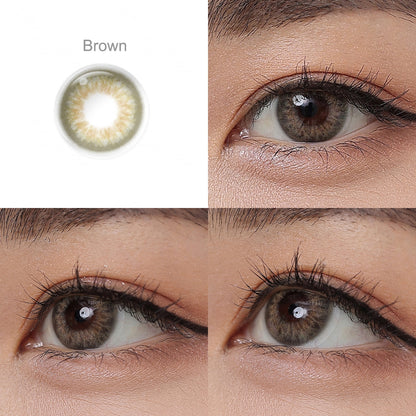 Grid display of 1 shade of Gleam colored contact lenses, labeled Brown, with a close-up view of the lens pattern and the effect on a brown-eyed model in 3 different angel.