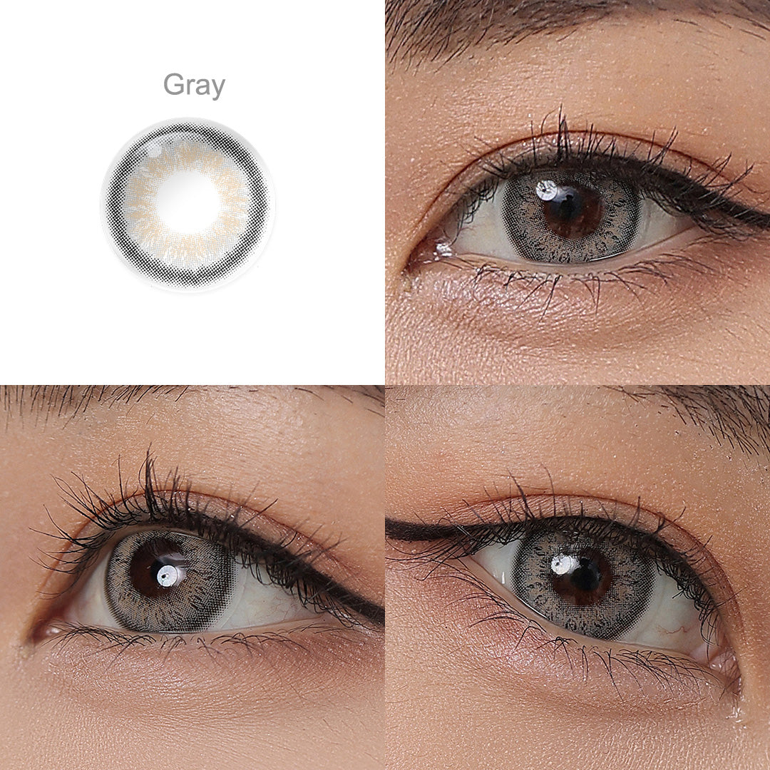 Grid display of 1 shade of Gleam colored contact lenses, labeled Gray, with a close-up view of the lens pattern and the effect on a brown-eyed model in 3 different angel.