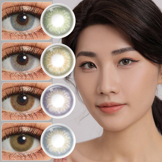 A young lady showcasing Gleam colored contact lenses, with close-up insets highlighting the natural and enhanced eye colors available.