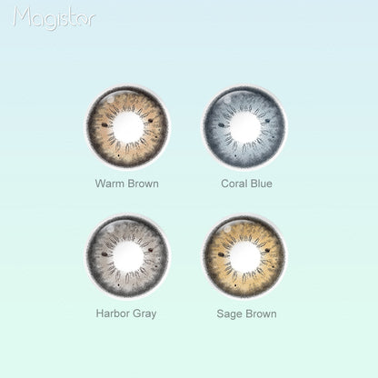 HC2 colored contact lenses with 4 shades of Warm Brown, Coral Blue, Harbor Gray, Sage Brown