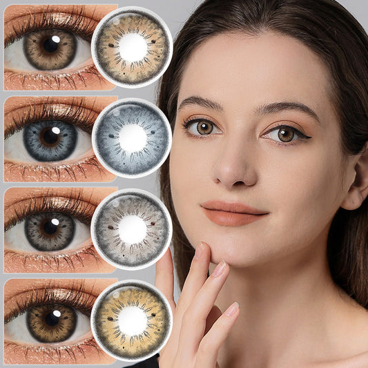 A young lady showcasing HC2 colored contact lenses, with close-up insets highlighting the natural and enhanced eye colors available.