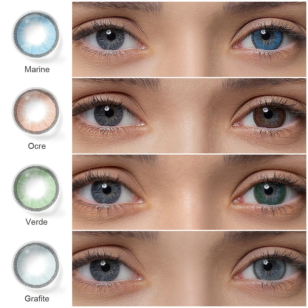 A display of Hidrocharme colored contact lenses in Marine, Ocre, Verde and Grafite, each shown both as a lens swatch and wearing comparison in a close-up of a model's eye , with the color names labeled.