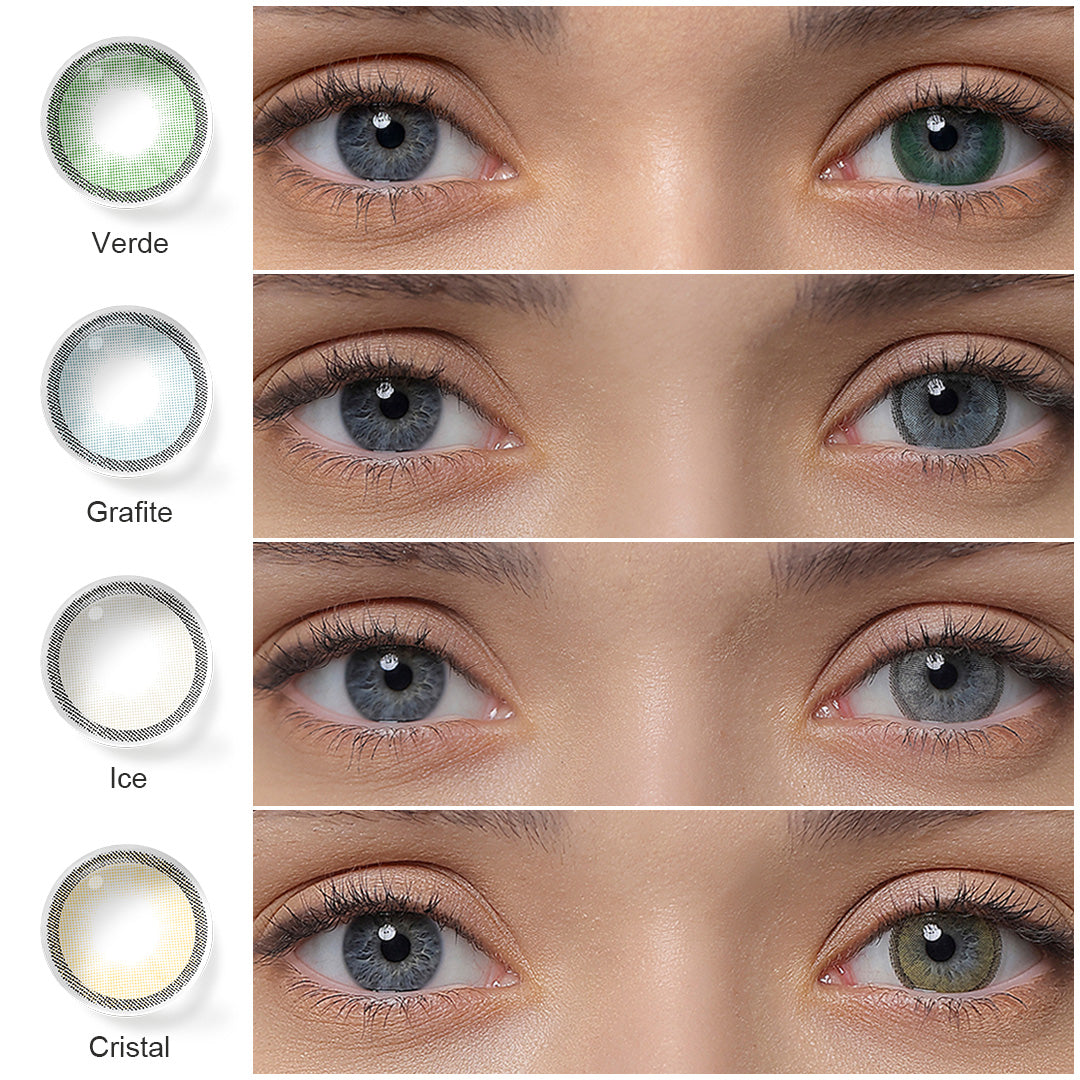 A display of Hidrocharme colored contact lenses in Verde, Grafite, Ice and Cristal, each shown both as a lens swatch and wearing comparison in a close-up of a model's eye , with the color names labeled.