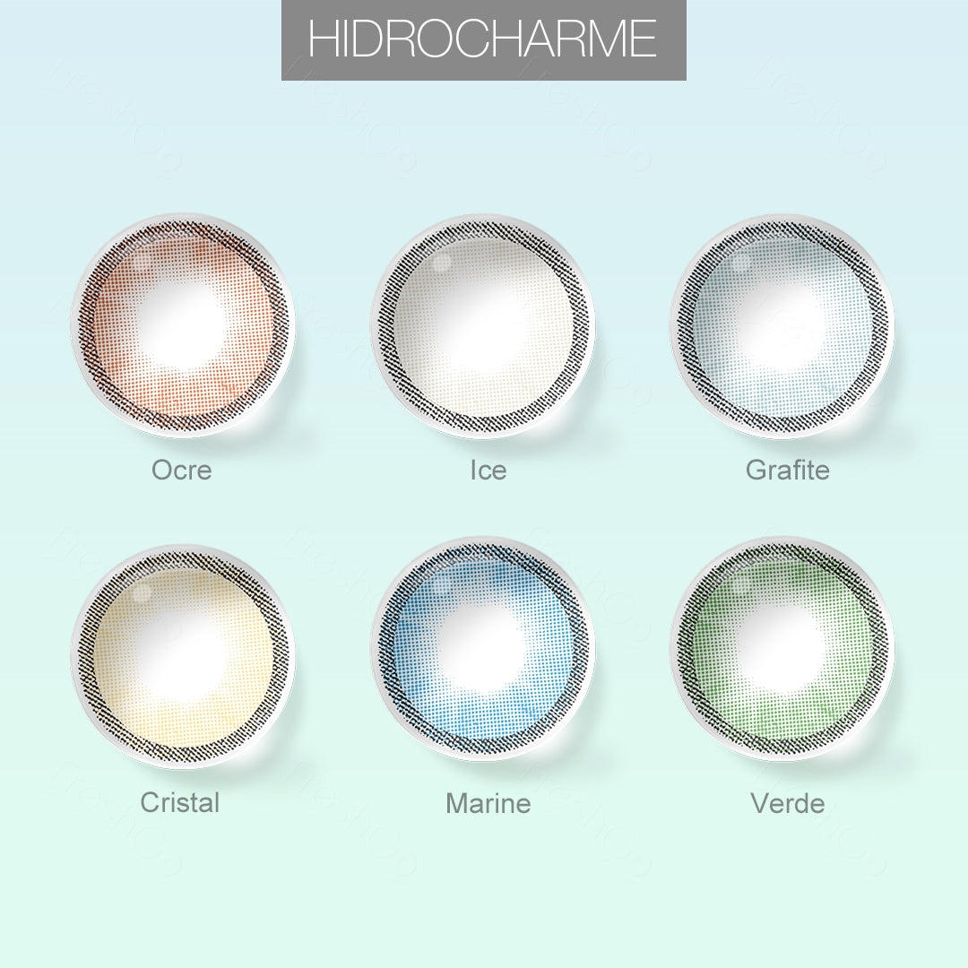 Grid layout of Hidrocharme colored contact lenses in various shades with each lens' color name:Ocre, Ice, Grafite, Cristal, Marine, Verde, on a soft gradient background.
