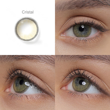 Grid display of 1 shade of Hidrocharme colored contact lenses, labeled Cristal, with a close-up view of the lens pattern and the effect on a brown-eyed model in 3 different angel.