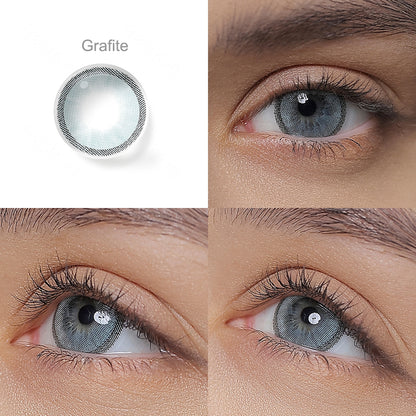 Grid display of 1 shade of Hidrocharme colored contact lenses, labeled Grafite, with a close-up view of the lens pattern and the effect on a brown-eyed model in 3 different angel.