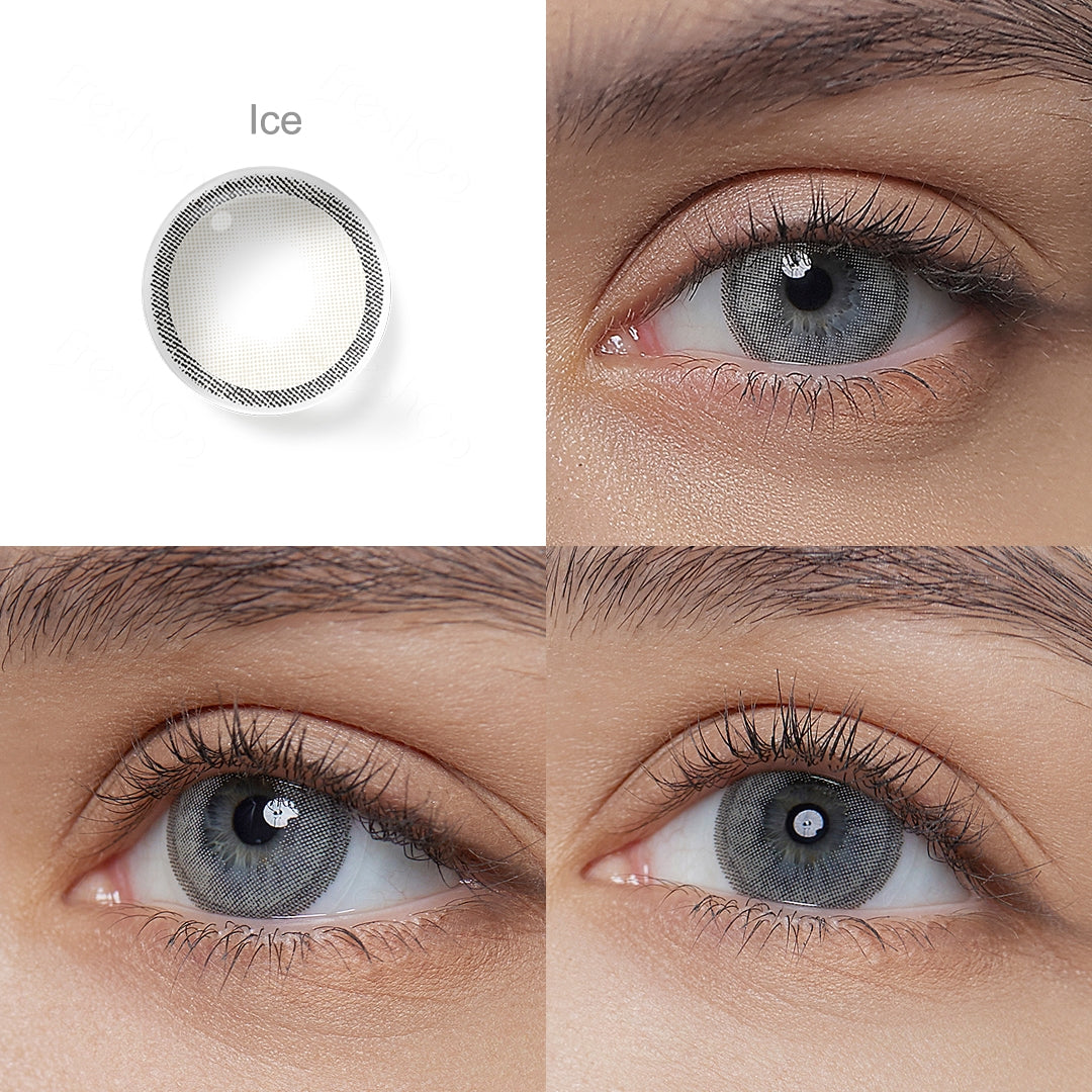 Grid display of 1 shade of Hidrocharme colored contact lenses, labeled Ice, with a close-up view of the lens pattern and the effect on a brown-eyed model in 3 different angel.