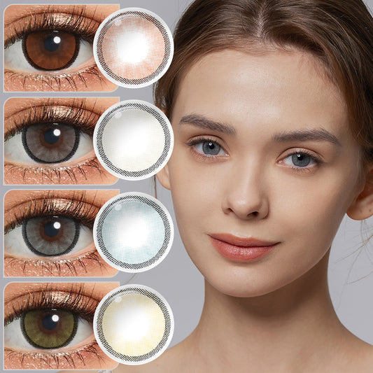 A young lady showcasing Hidrocharme colored contact lenses, with close-up insets highlighting the natural and enhanced eye colors available.