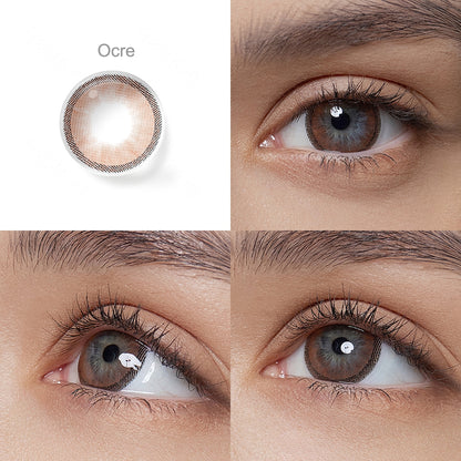 Grid display of 1 shade of Hidrocharme colored contact lenses, labeled Ocre, with a close-up view of the lens pattern and the effect on a brown-eyed model in 3 different angel.