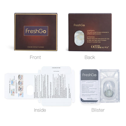 Package display of Freshgo Hidrocharme colored contact lenses: front, back and inside. Each box including 2 pieces of lenses in blister.