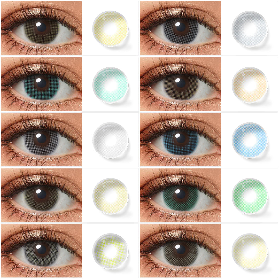 Grid display of 12 shades of Hidrocor colored contacts, showing a variety of shades including blue, green, gray, and brown, each paired with a close-up view of the lens pattern and the effect on a brown-eyed model.
