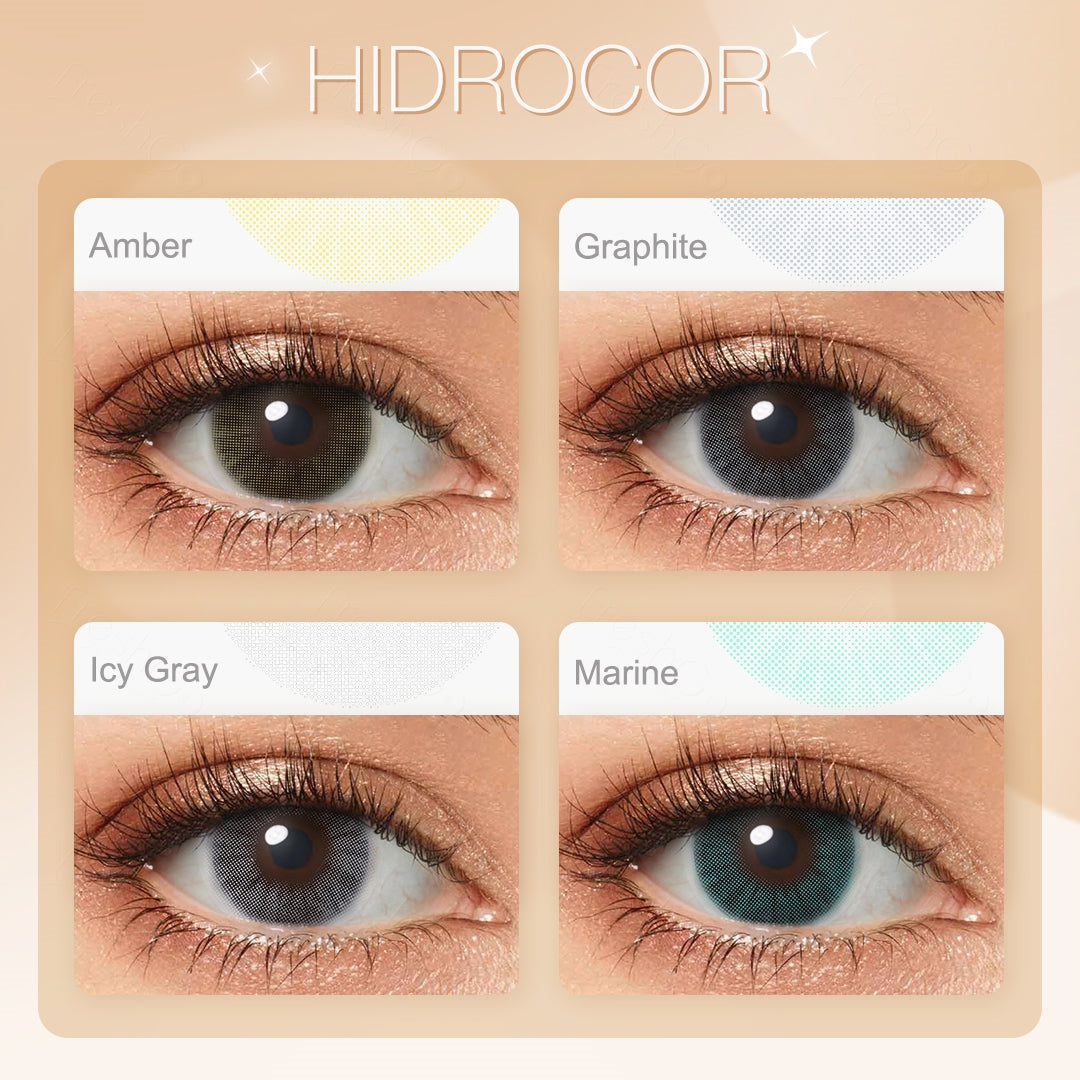 Grid display of Hidrocor colored contact lenses featuring four different shades: Amber, Graphite, Icy Gray, and Marine. Each lens color is shown worn on a close-up of an eye, with the name of the shade displayed beneath it.