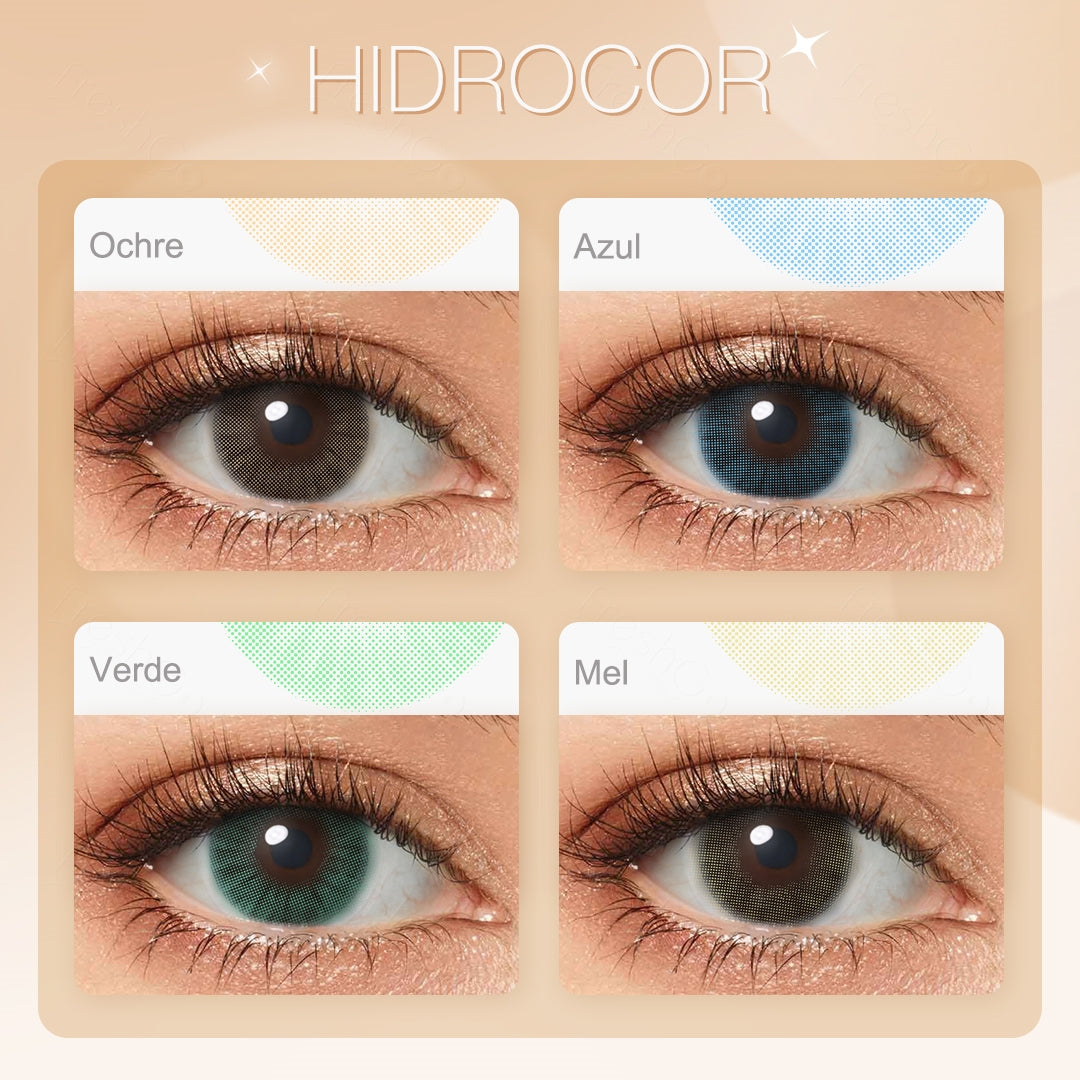 Showcase of four Hidrocor colored contact lenses in natural eye settings, labeled Ochre, Azul, Verde, and Mel, each demonstrating the transformative effect on the wearer's eye color.