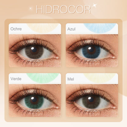 Showcase of four Hidrocor colored contact lenses in natural eye settings, labeled Ochre, Azul, Verde, and Mel, each demonstrating the transformative effect on the wearer's eye color.