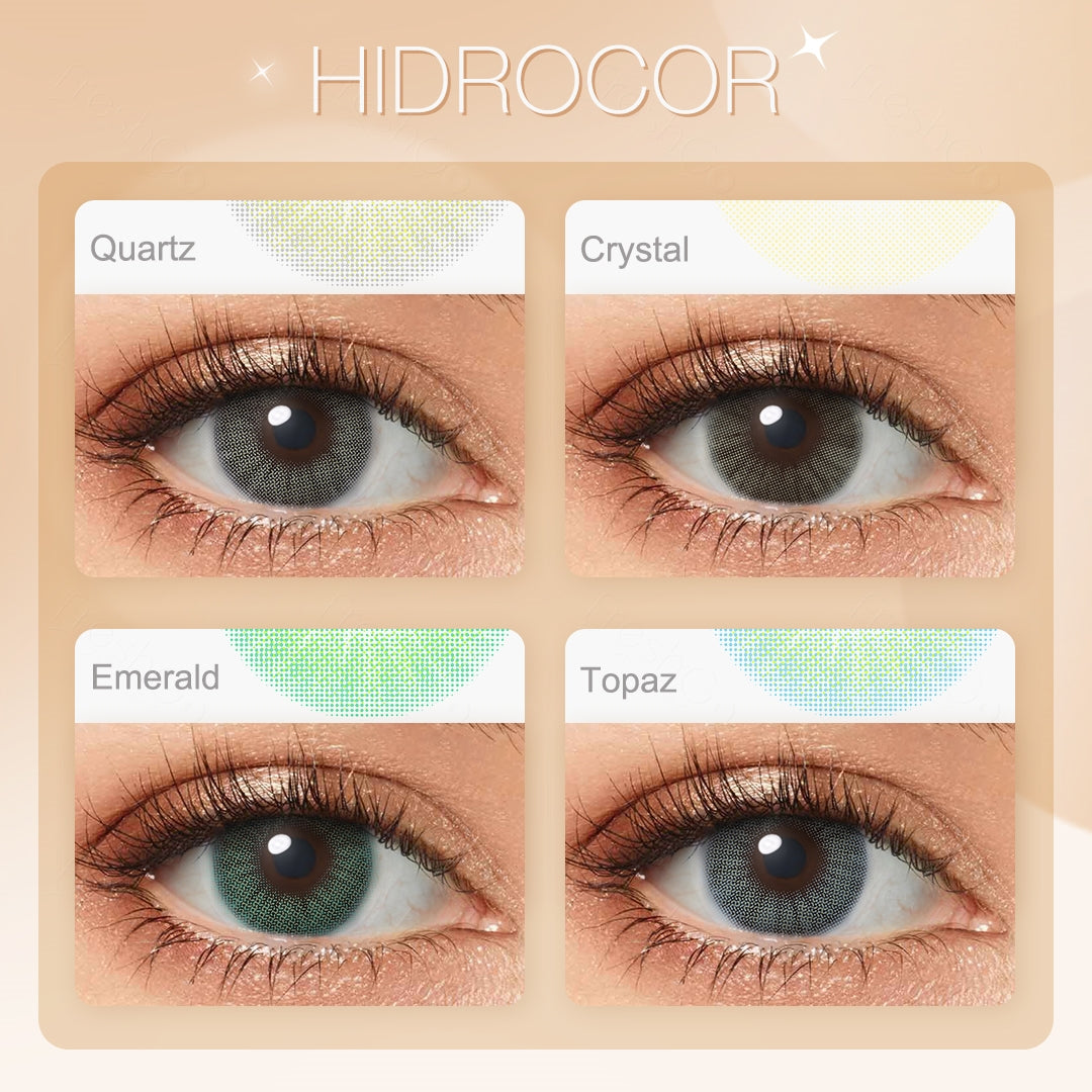 Image of four different Hidrocor contact lens colors presented on a model's eyes, with the shades named Quartz, Crystal, Emerald, and Topaz, highlighting the vibrant yet natural-looking transformation of the iris.