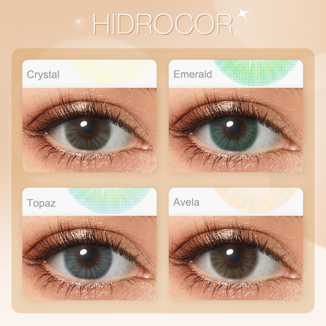 Variety of Hidrocor contact lens colors displayed on a model's eyes, showcasing shades Crystal, Emerald, Topaz, and Avela, with each color's name indicated below the respective image.