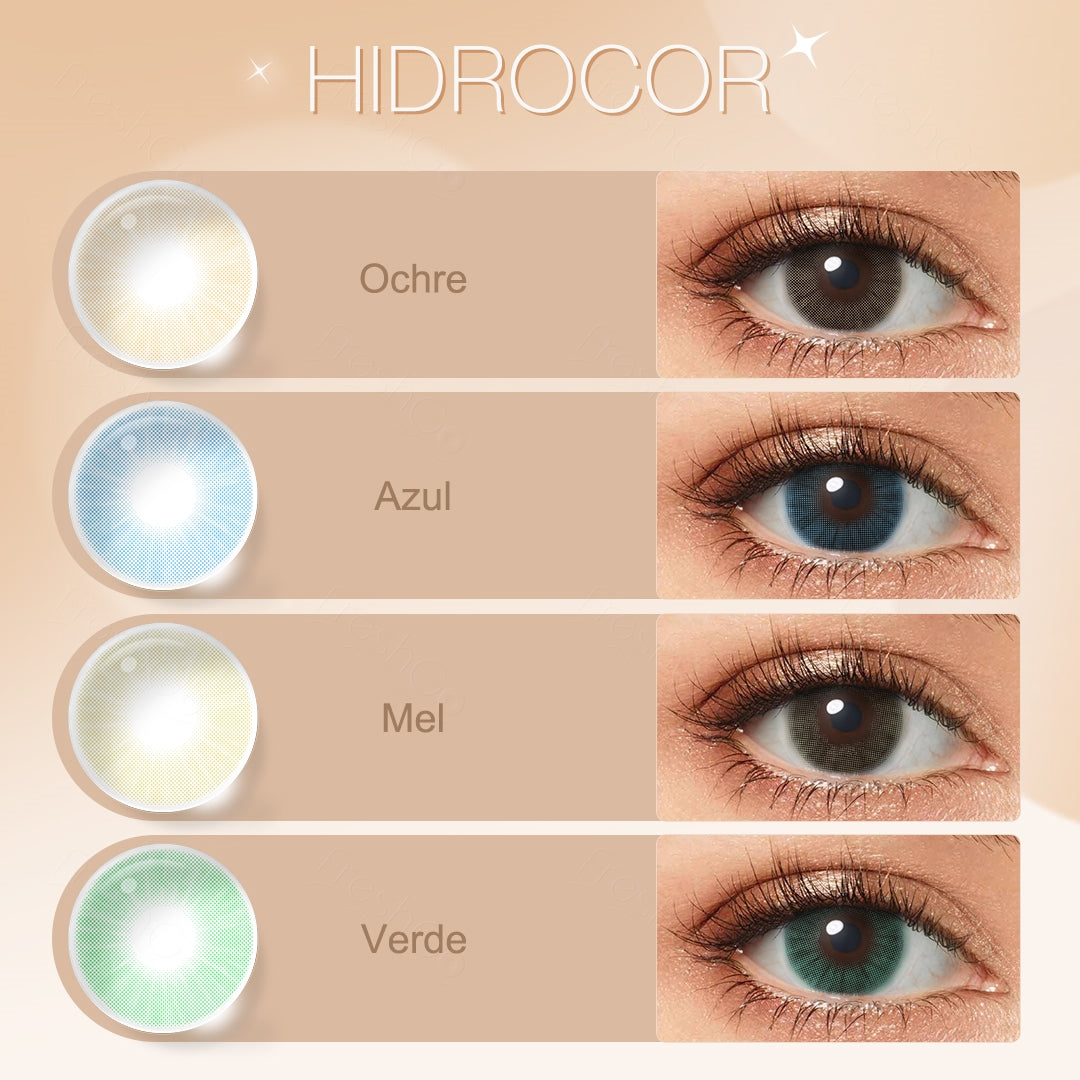 A collection of Hidrocor colored contact lenses featuring the shades Ochre, Azul, Mel, and Verde. Each pair is presented next to a close-up image of a model’s eye showcasing how the lens appears when worn.