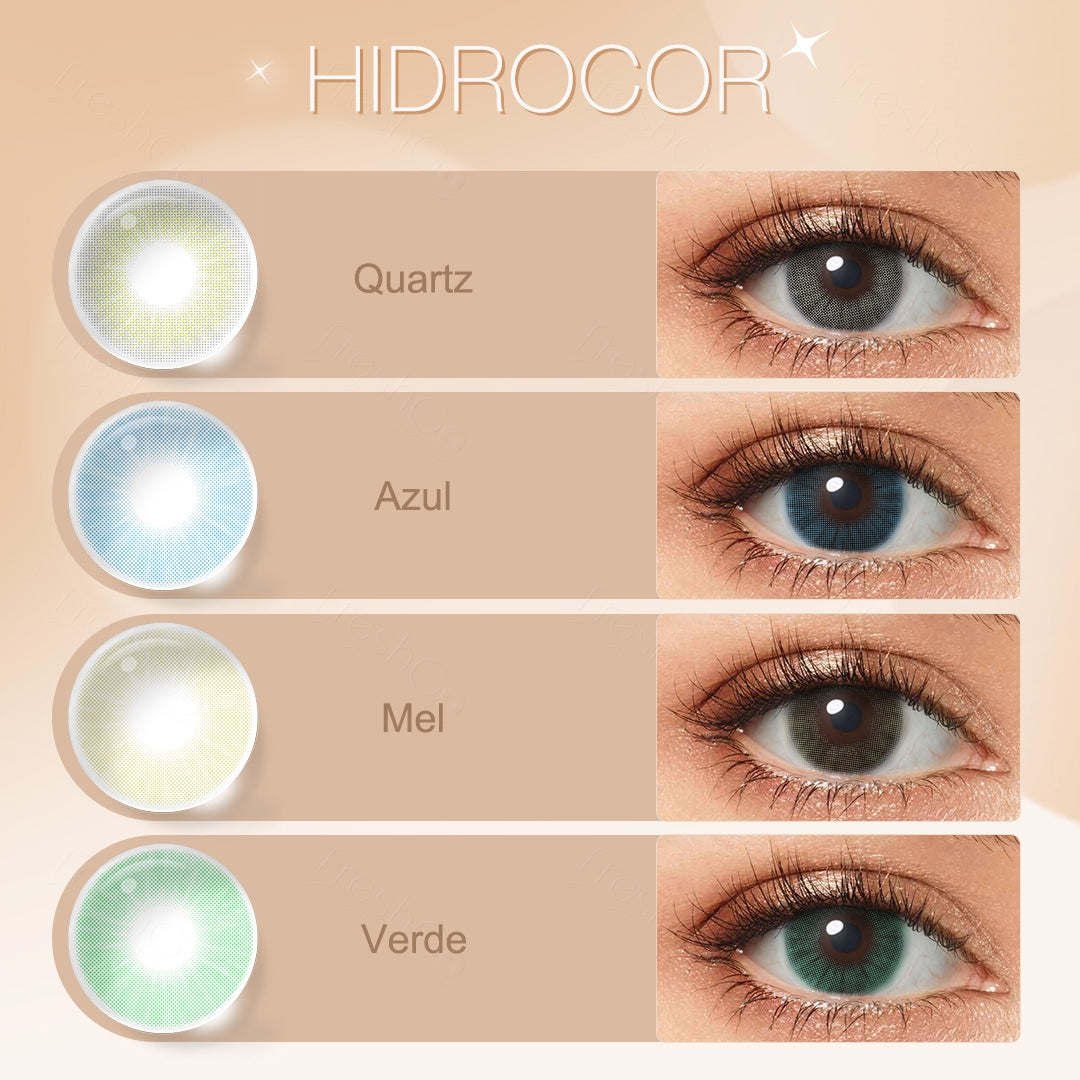 Display of four Hidrocor contact lens colors in Quartz, Azul, Mel, and Verde, with a sample lens design next to a close-up image of each color lens worn on a model’s eye.