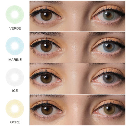 A display of Hidrocor Gen4 colored contacts in Verde, Marine,Ice, Orce ，each shown both as wearing comparison in a close-up of a model's eye , with the color names labeled beneath each image.