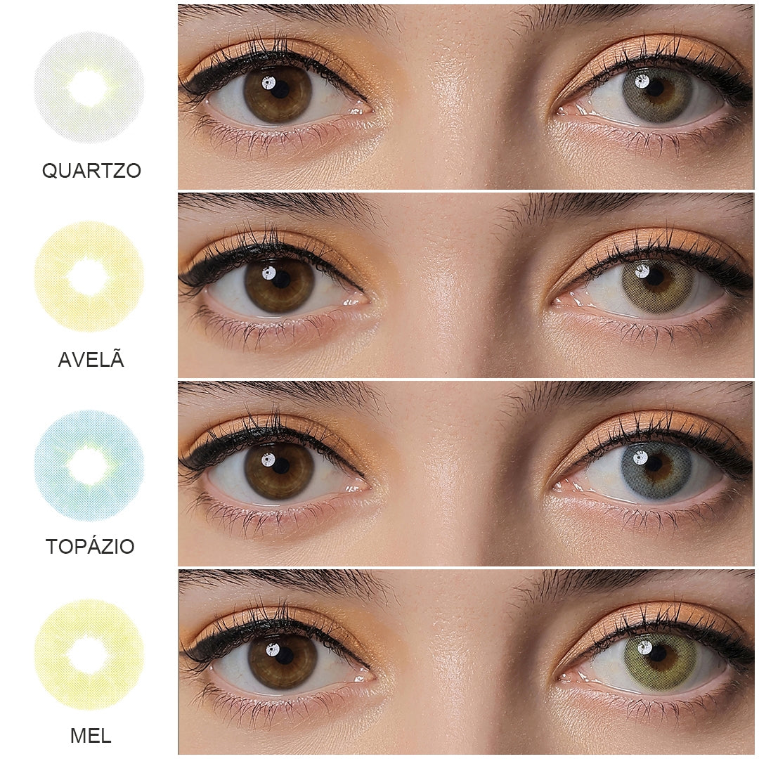 A display of Hidrocor Gen4 colored contacts in Quartzo, Avela,Topazio, Mel ，each shown both as wearing comparison in a close-up of a model's eye , with the color names labeled beneath each image.