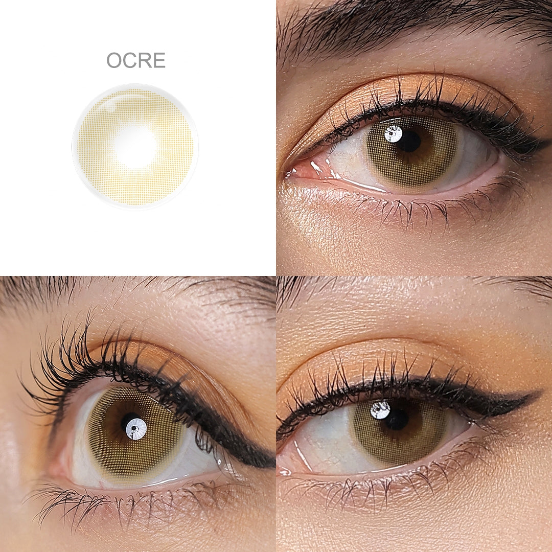 Showcase of one Hidrocor Gen4 colored contact lenses in natural eye settings, labeled Orce, demonstrating the transformative effect from 3 sides on the wearer's eye color.