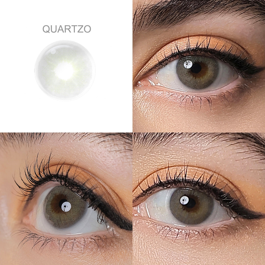 Showcase of one Hidrocor Gen4 colored contact lenses in natural eye settings, labeled Quartzo, demonstrating the transformative effect from 3 sides on the wearer's eye color.