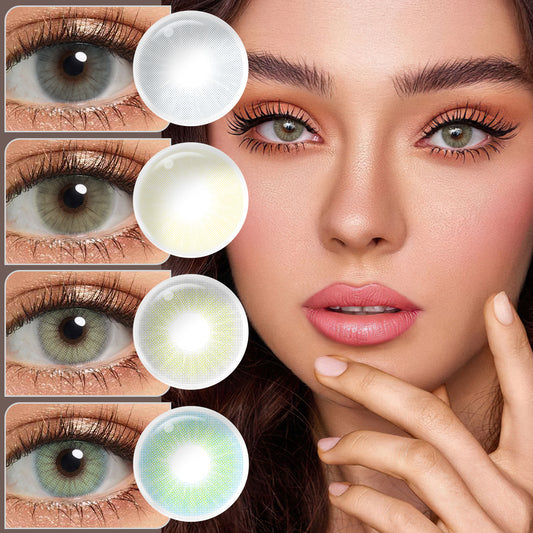 A young lady showcasing Hidrocor colored contact lenses, with close-up insets highlighting the natural and enhanced eye colors available.